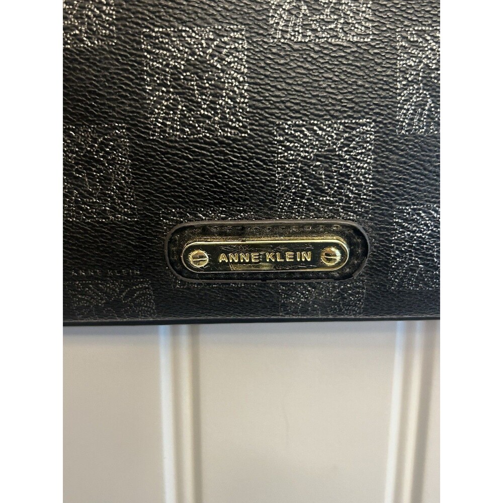 Anne Klein Black Signature Checkered Crossbody Purse Patent Trim Gold Zip Pocket - Picture 9 of 13